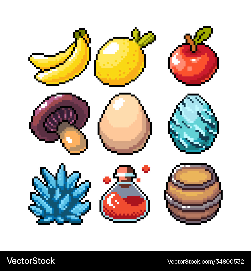 Set 8-bit pixel graphics icons isolated Set 8-bit pixel graphics icons isolated Vector Image