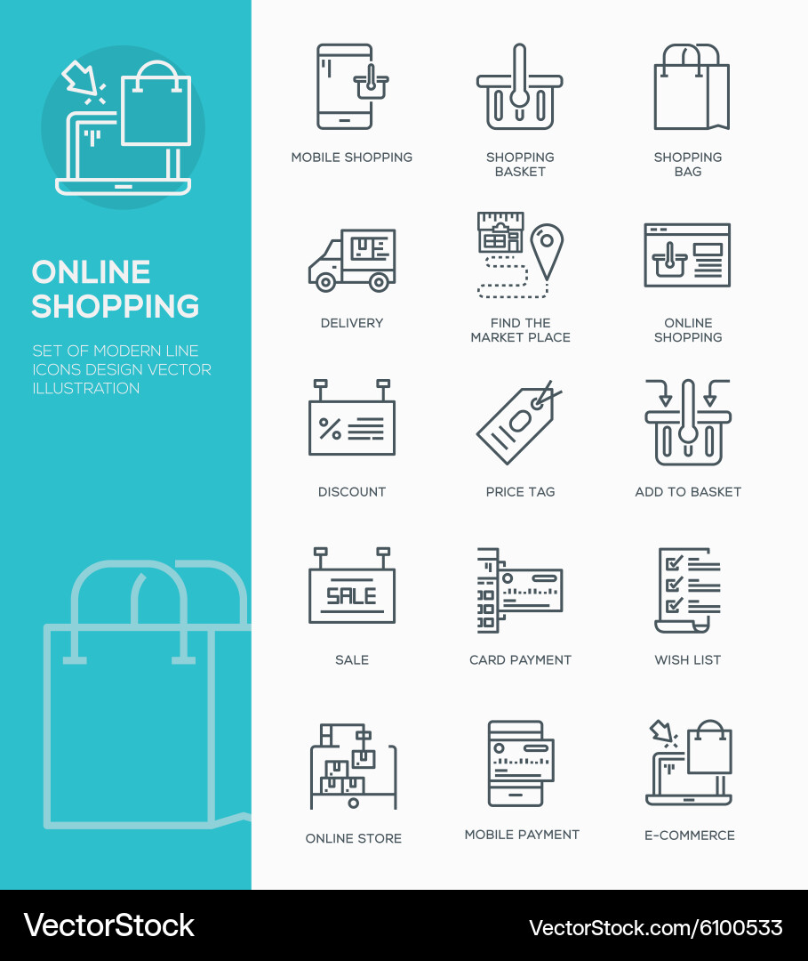 Online Shopping Icons - Modern Line Art vector image