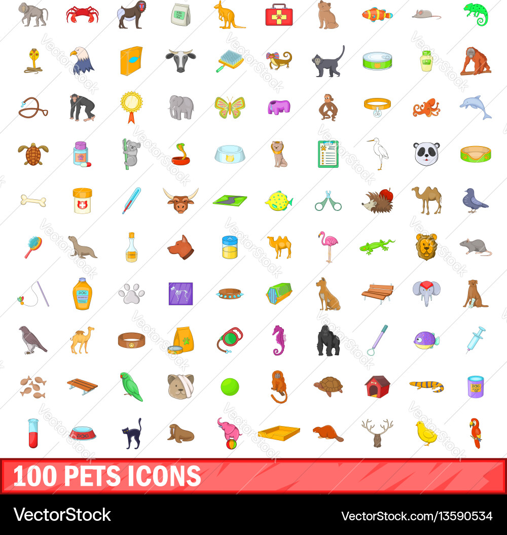 100 pets icons set cartoon style 100 pets icons set cartoon style vector image