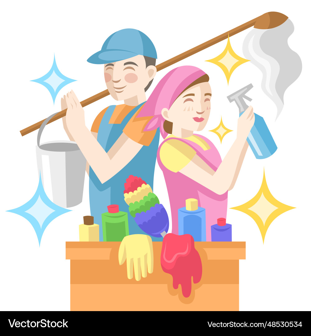 Cleaners with box of detergents and instruments Cleaners with box of detergents and instruments vector image
