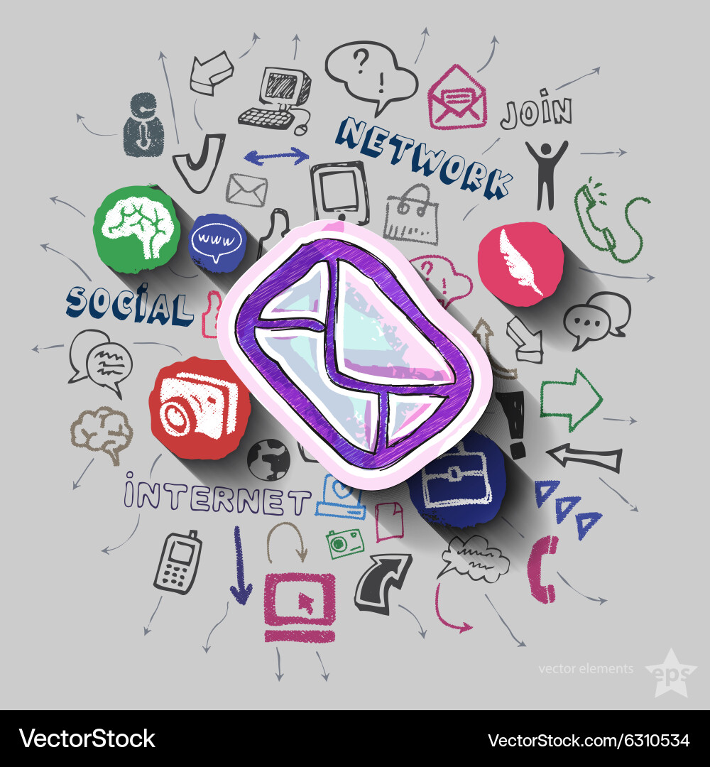 Envelope and collage with web icons background Vector Image