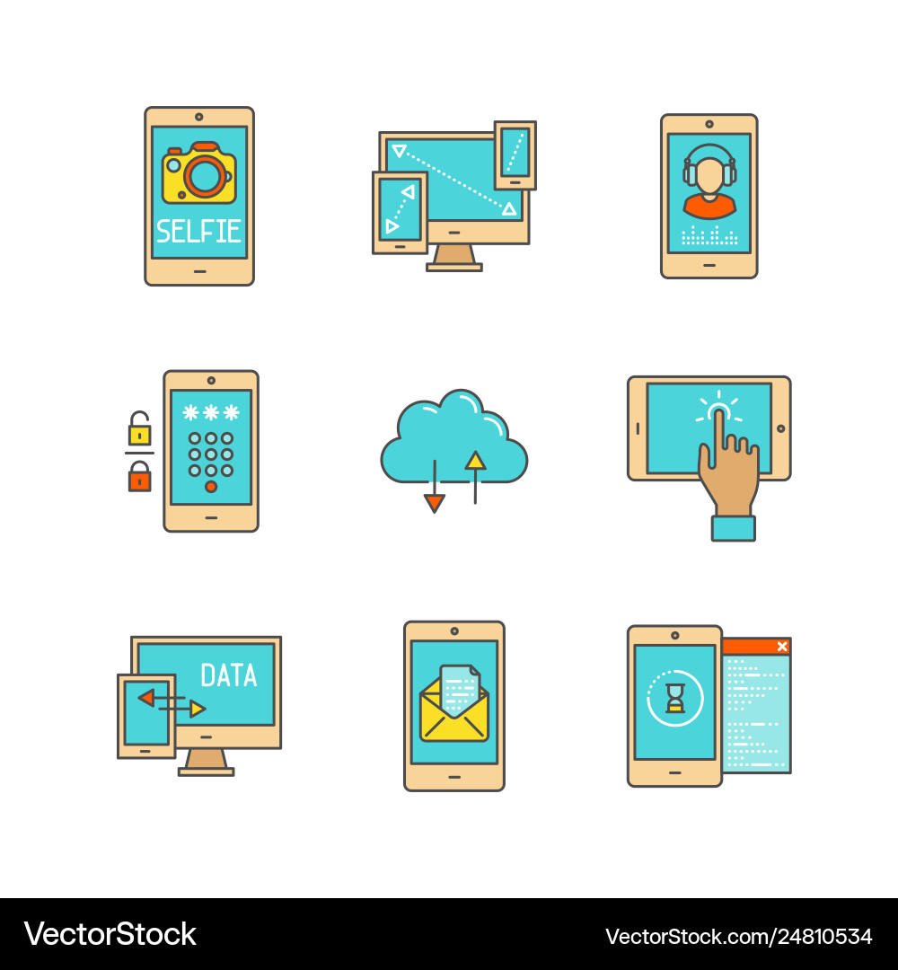 Minimal lineart flat mobile tech icon set Minimal lineart flat mobile tech icon set vector image
