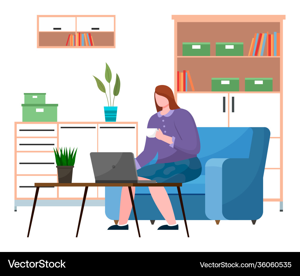 Business woman at a desk is working on laptop Business woman at a desk is working on laptop vector image