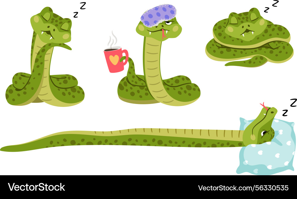 Set of cartoon green sleepy snakes in various Set of cartoon green sleepy snakes in various vector image