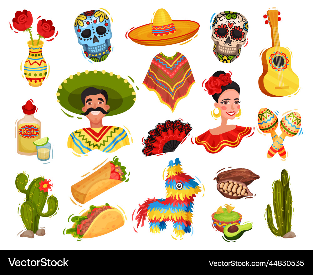 Set of mexican culture symbols man woman Set of mexican culture symbols man woman vector image