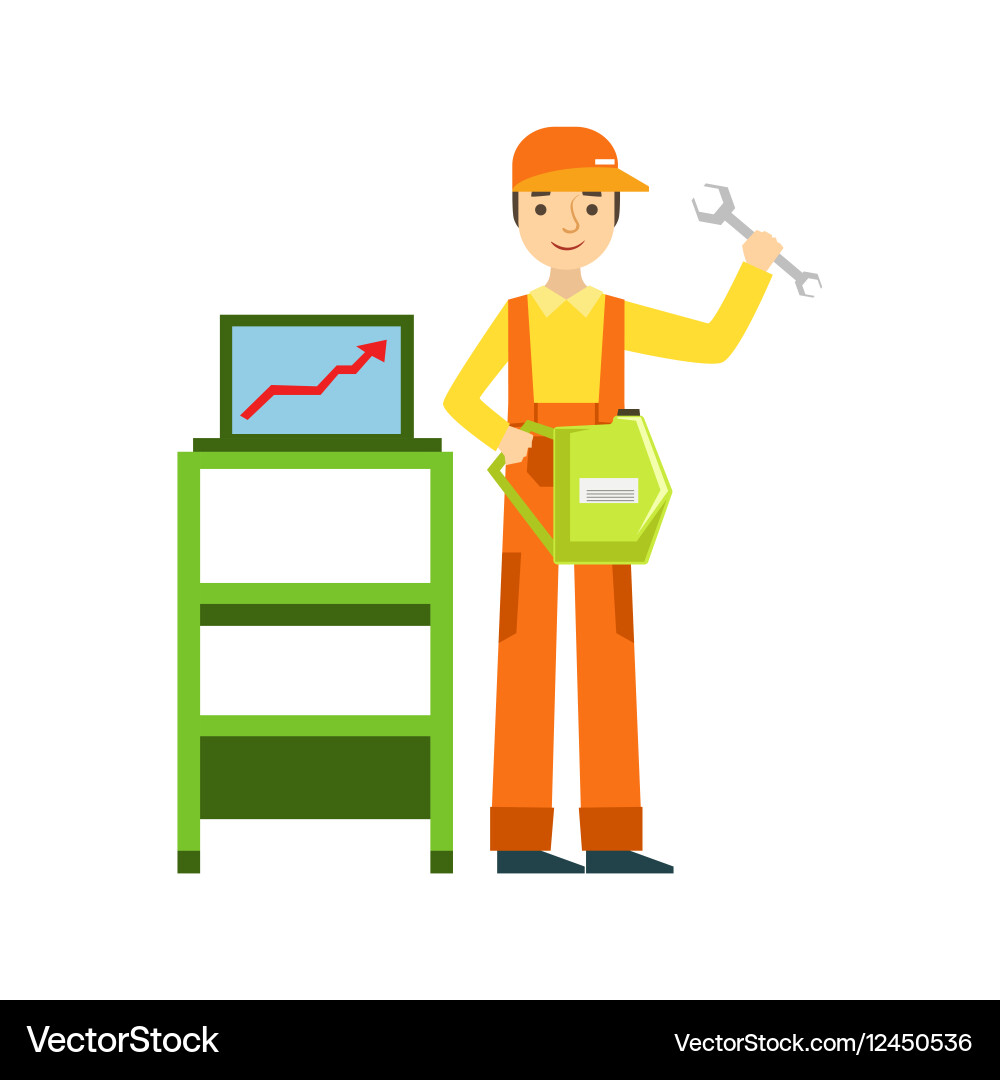 Smiling mechanic with wrench and computer vector image