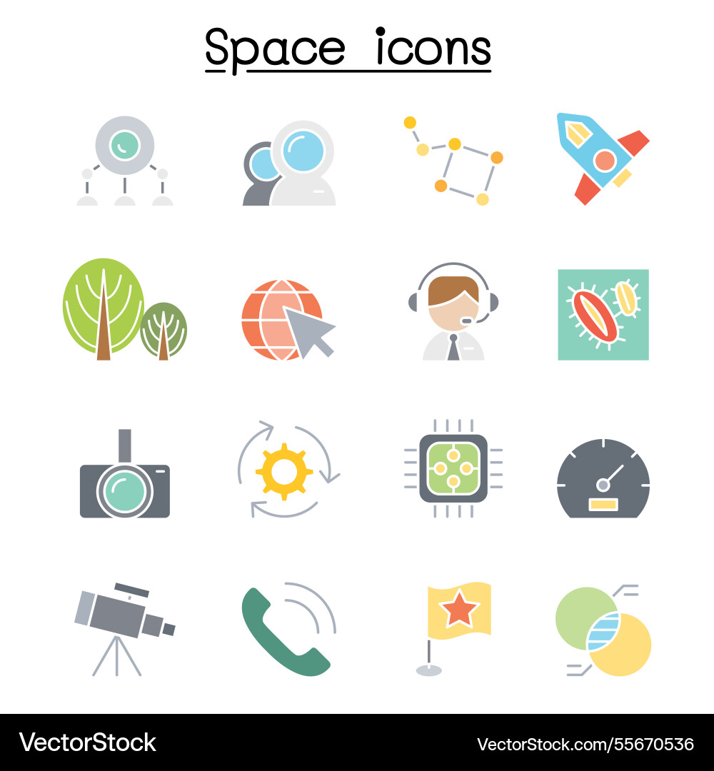 Space icon set in flat color style Vector Image