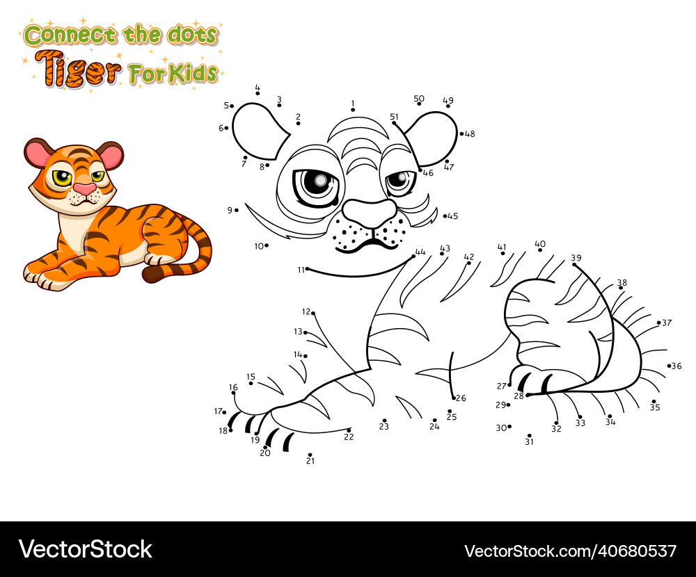 Connect the dots and draw cute cartoon tiger Connect the dots and draw cute cartoon tiger vector image