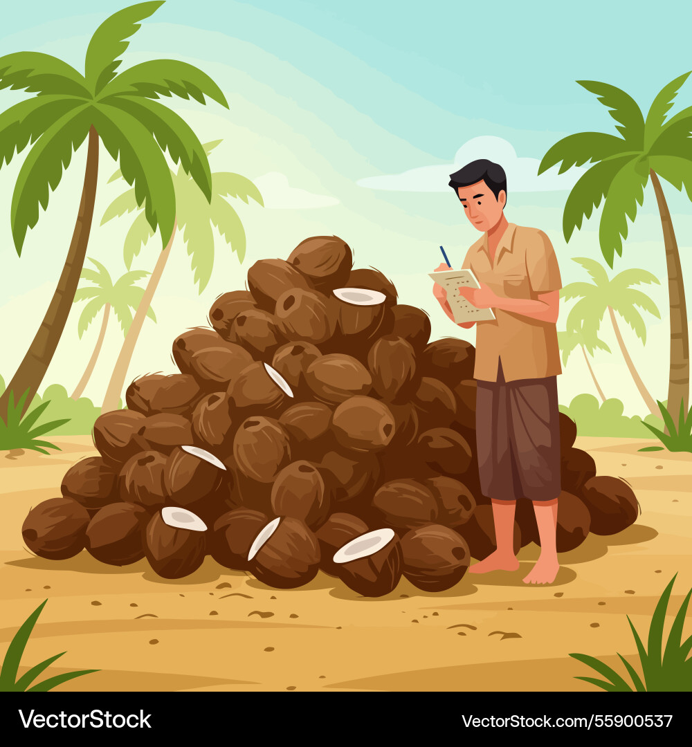 Man counting coconuts on beach with palm trees vector image