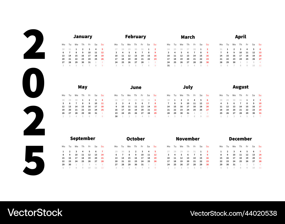 2025 Jahre einfacher horizontaler Kalender auf englisch