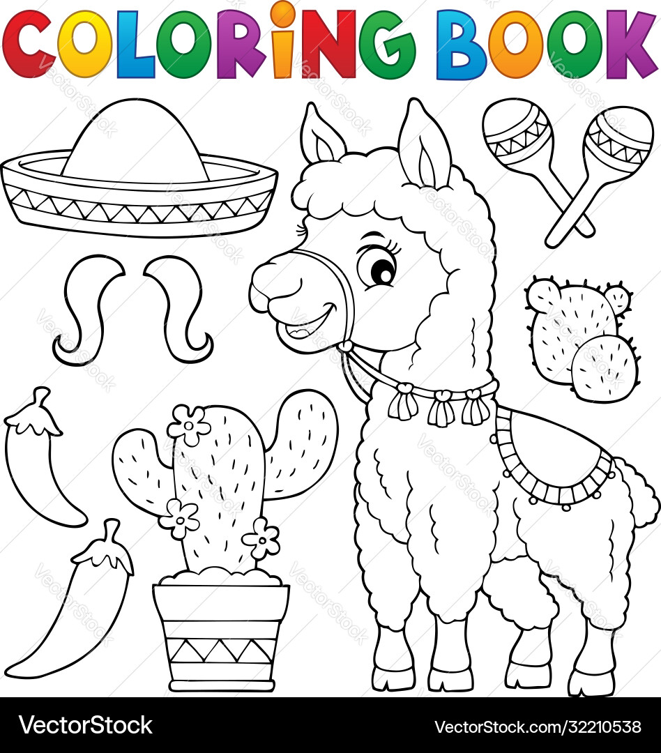 Llama and Colorful Objects Coloring Page Vector Image