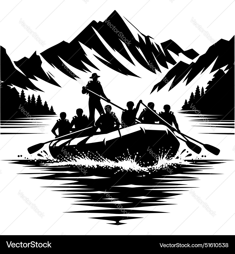 Scene of a rafting team on river silhouette clip Vector Image