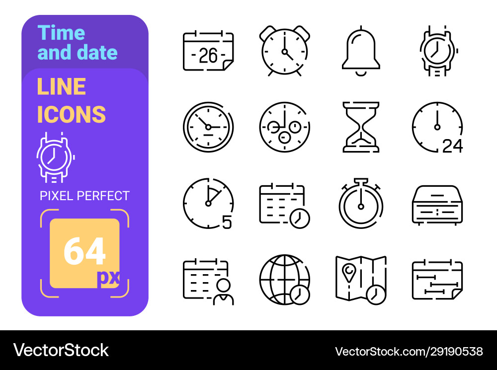 Set 64px time and date simple lines icons Set 64px time and date simple lines icons vector image