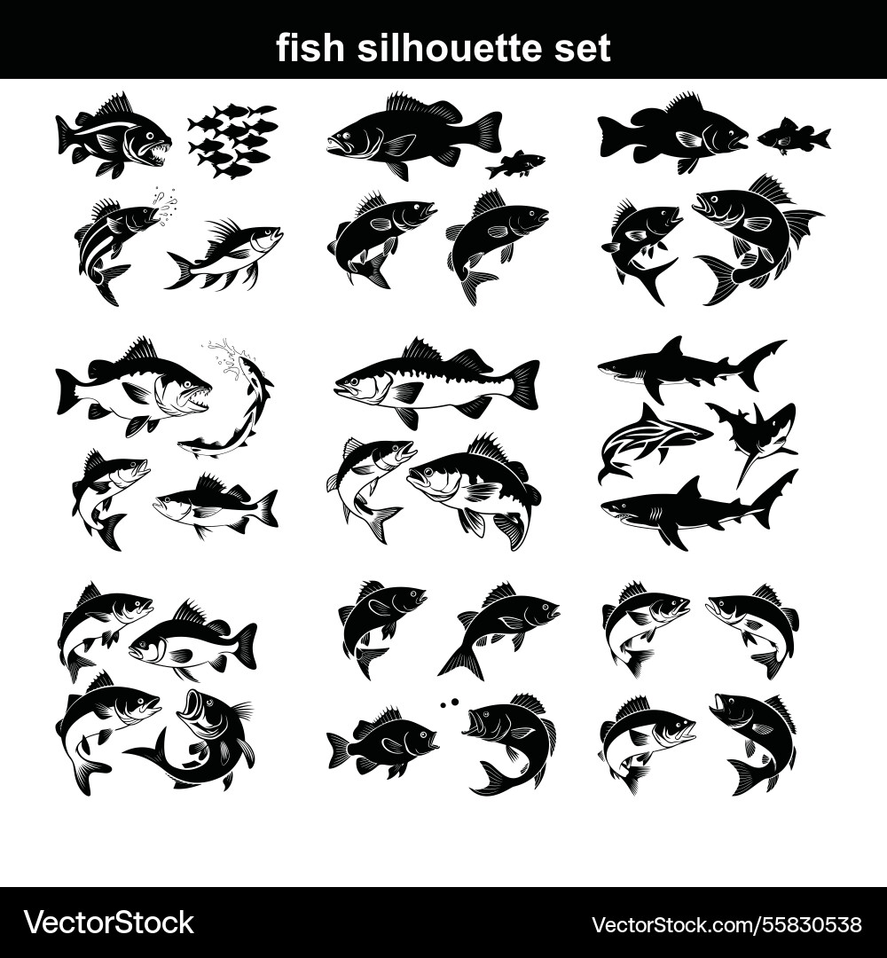 Silhouette fish animal set guess black shape Vector Image