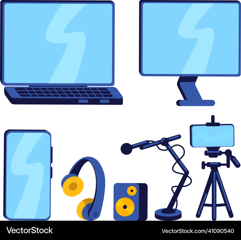 Equipment for vlogger flat color object set Equipment for vlogger flat color object set vector image