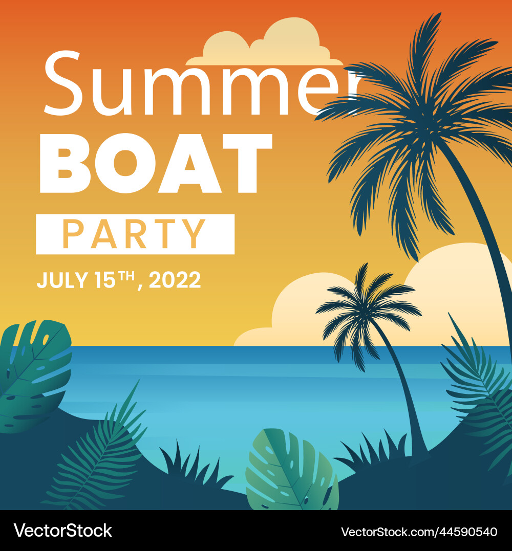 Gradient boat party with palm trees posts Gradient boat party with palm trees posts Vector Image