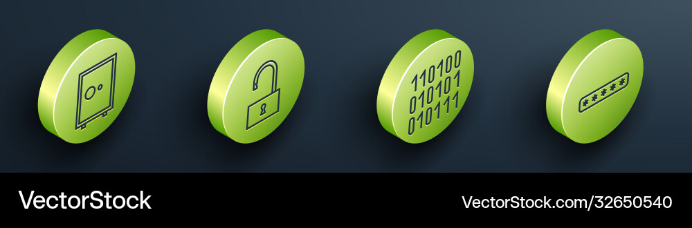 Set isometric safe open padlock binary code Set isometric safe open padlock binary code vector image