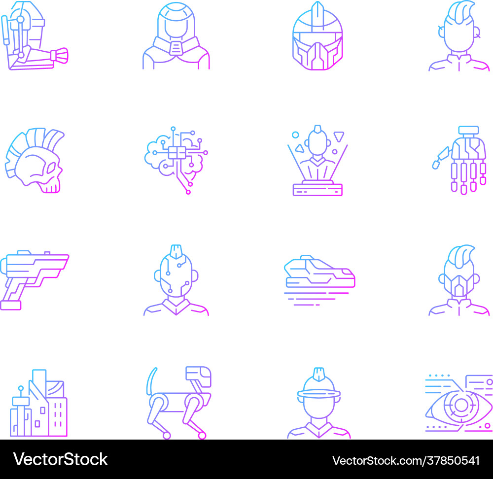 Cyberpunk gradient linear icons set Cyberpunk gradient linear icons set vector image