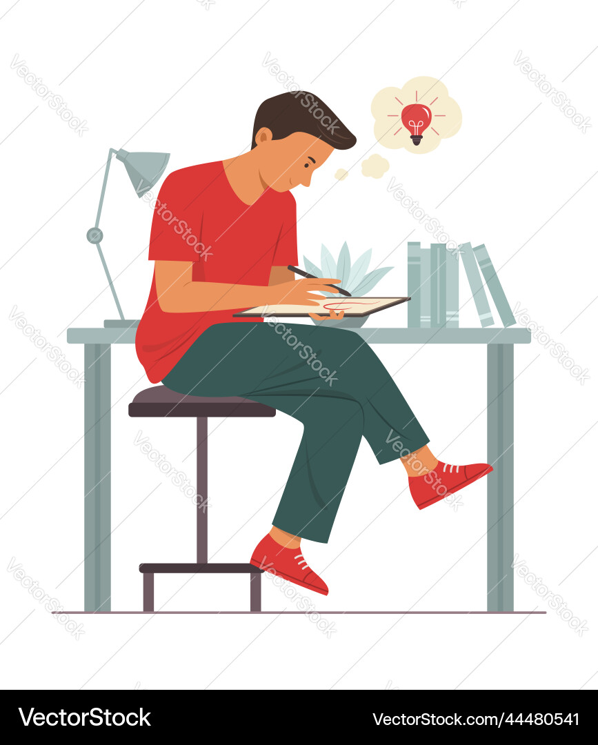 Man writing on tablet while thinking good idea Man writing on tablet while thinking good idea Vector Image