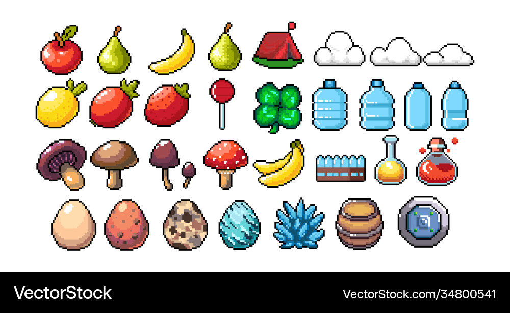 Set 8-bit pixel graphics icons isolated Set 8-bit pixel graphics icons isolated Vector Image