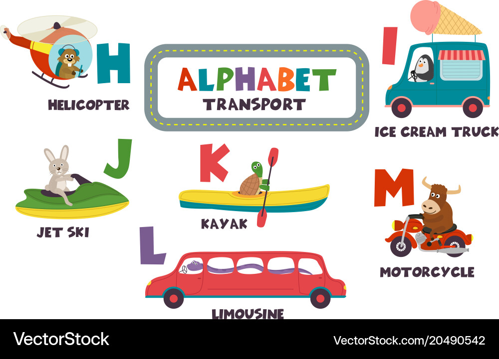 Alphabet Transport & Animals (H-M) Vector Image