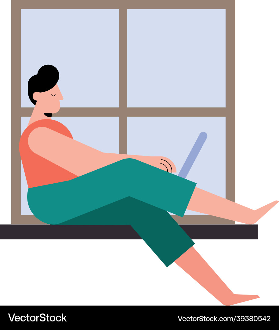 Man with laptop working at window vector image