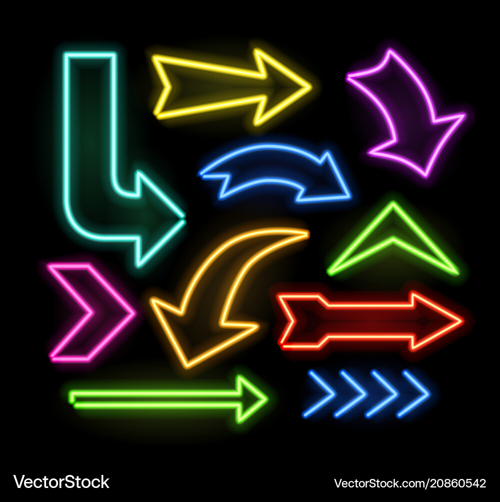 Neon glowing arrow pointer set on dark background Neon glowing arrow pointer set on dark background Vector Image