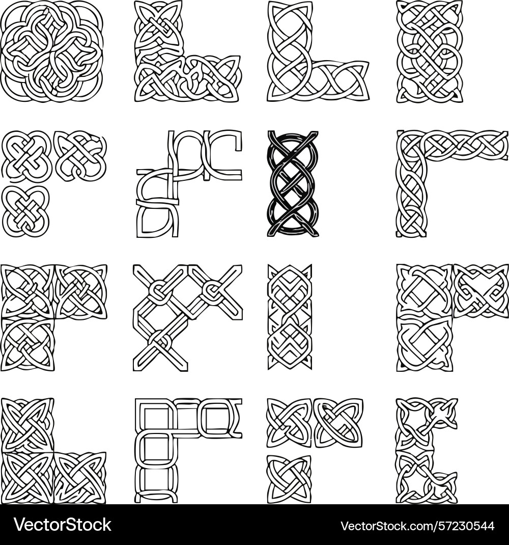 Celtic knot corner borders and square patterns Celtic knot corner borders and square patterns Vector Image