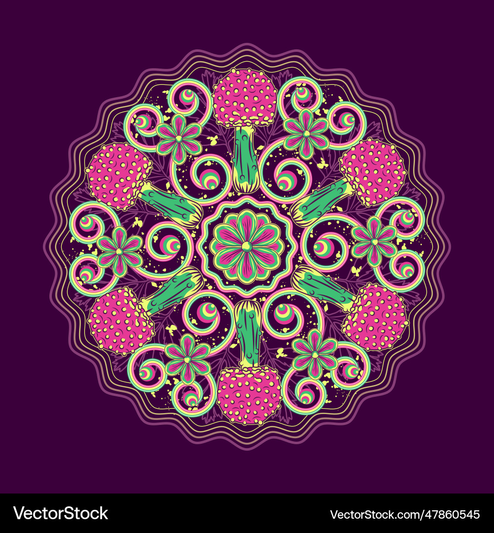 Circular pattern with mushrooms chamomiles Circular pattern with mushrooms chamomiles Vector Image