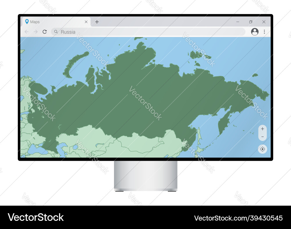 Computer monitor with map of russia in browser Computer monitor with map of russia in browser Vector Image