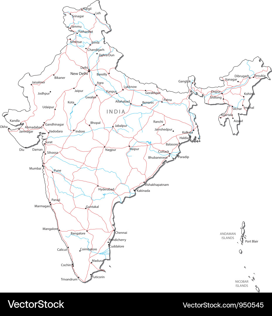 India Black and White Map Vector Image