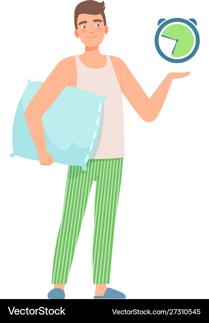 Man is standing with a pillow and clock Man is standing with a pillow and clock vector image