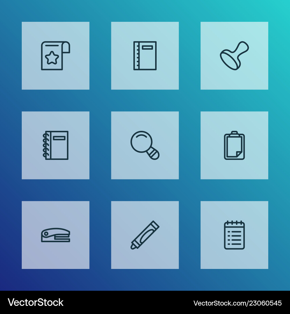 Stationery icons line style set with notebook Stationery icons line style set with notebook vector image