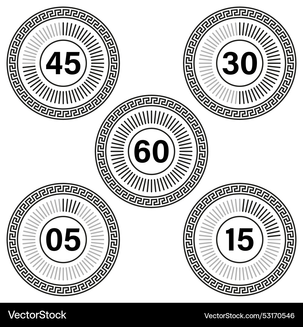 Circular timer icons greek key border different Vector Image