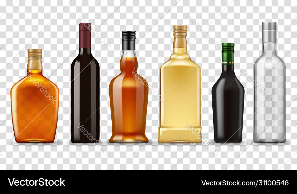 Realistic whiskey vodka rum and wine bottles Realistic whiskey vodka rum and wine bottles vector image