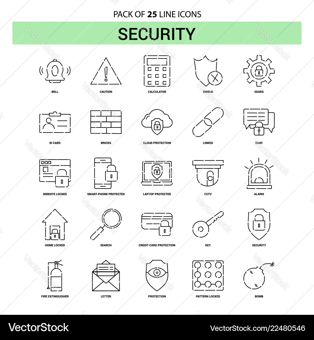 Security line icon set - 25 dashed outline style Vector Image