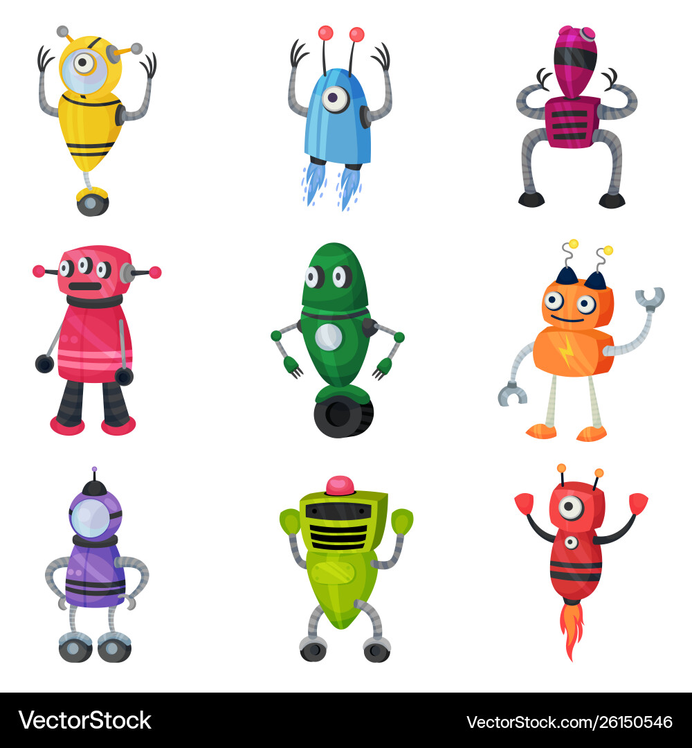Set cute multicolored robots Set cute multicolored robots Vector Image