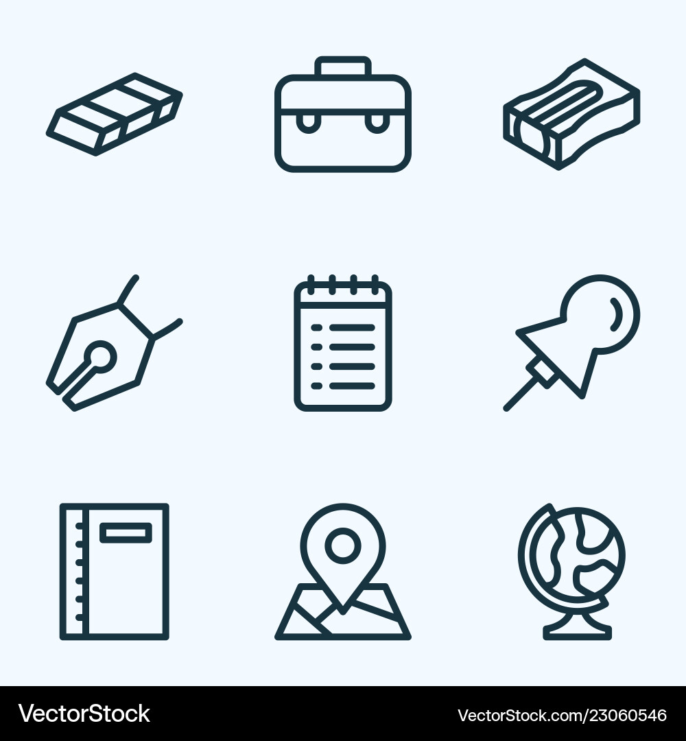 Stationary icons line style set with notebook Stationary icons line style set with notebook vector image