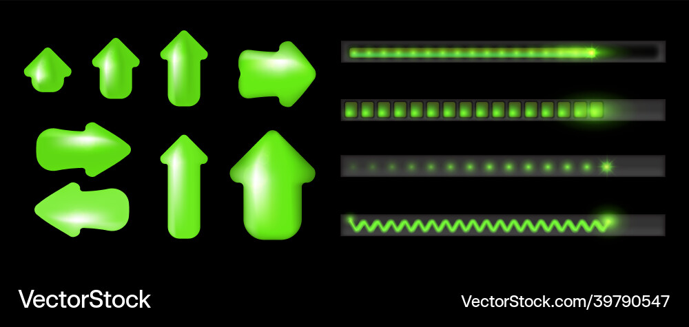 Neon download progress loading bar and arrow set Vector Image