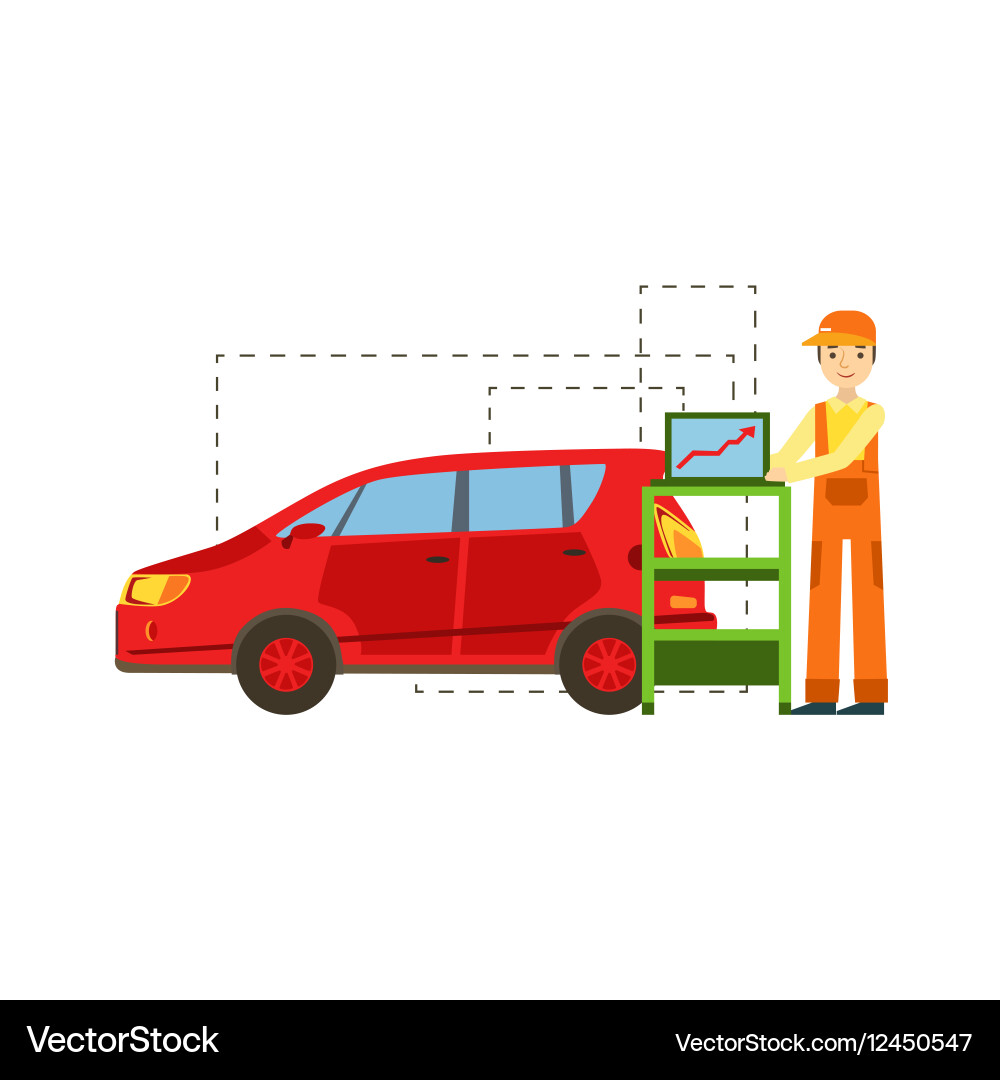 Smiling mechanic running computer diagnostics Vector Image