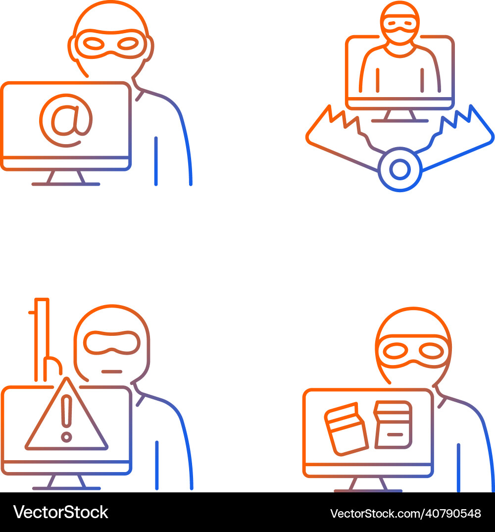 Cyber attacker gradient linear icons set Cyber attacker gradient linear icons set vector image