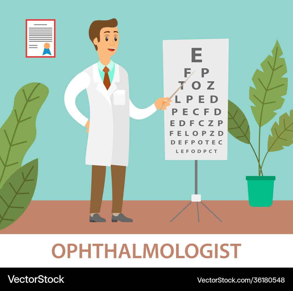 Optometrist points to table for testing visual Optometrist points to table for testing visual vector image