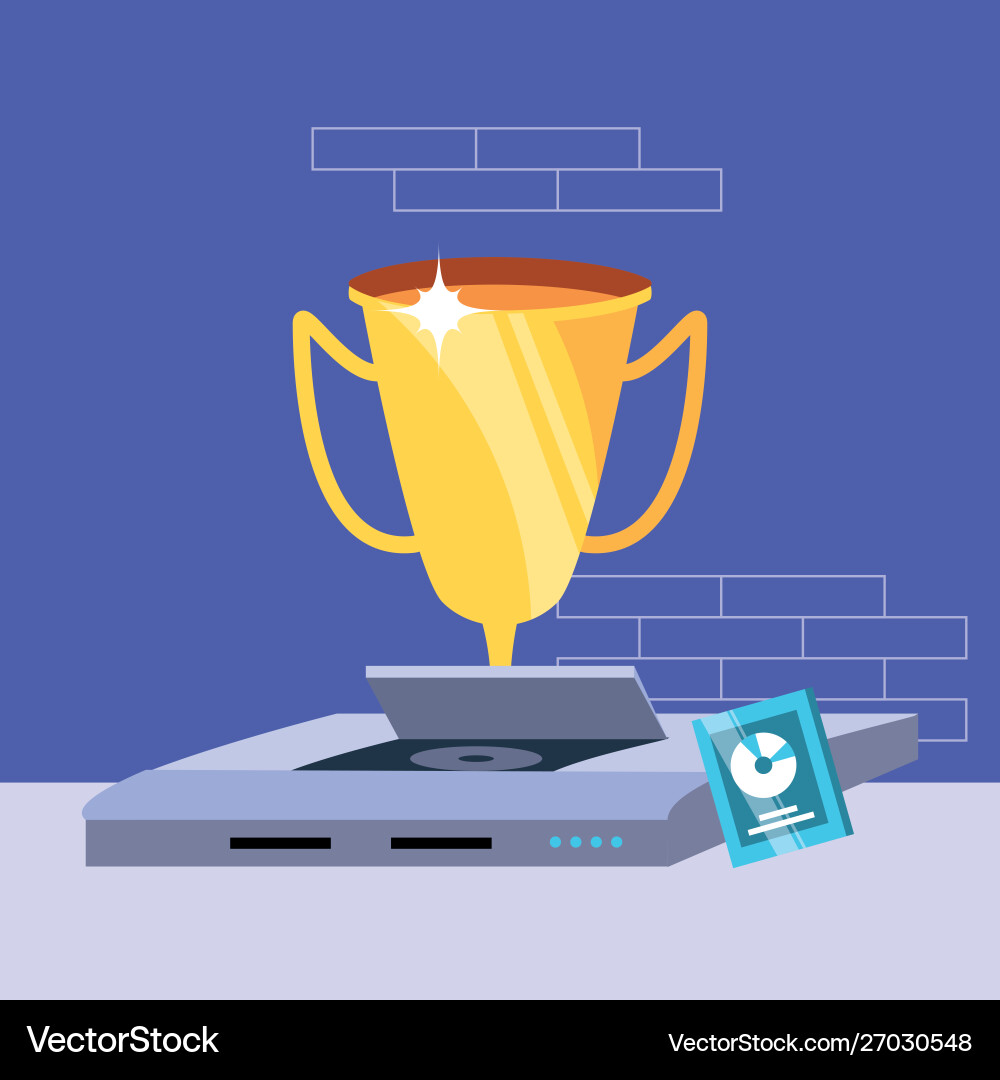 Video game console with compact disk and trophy vector image