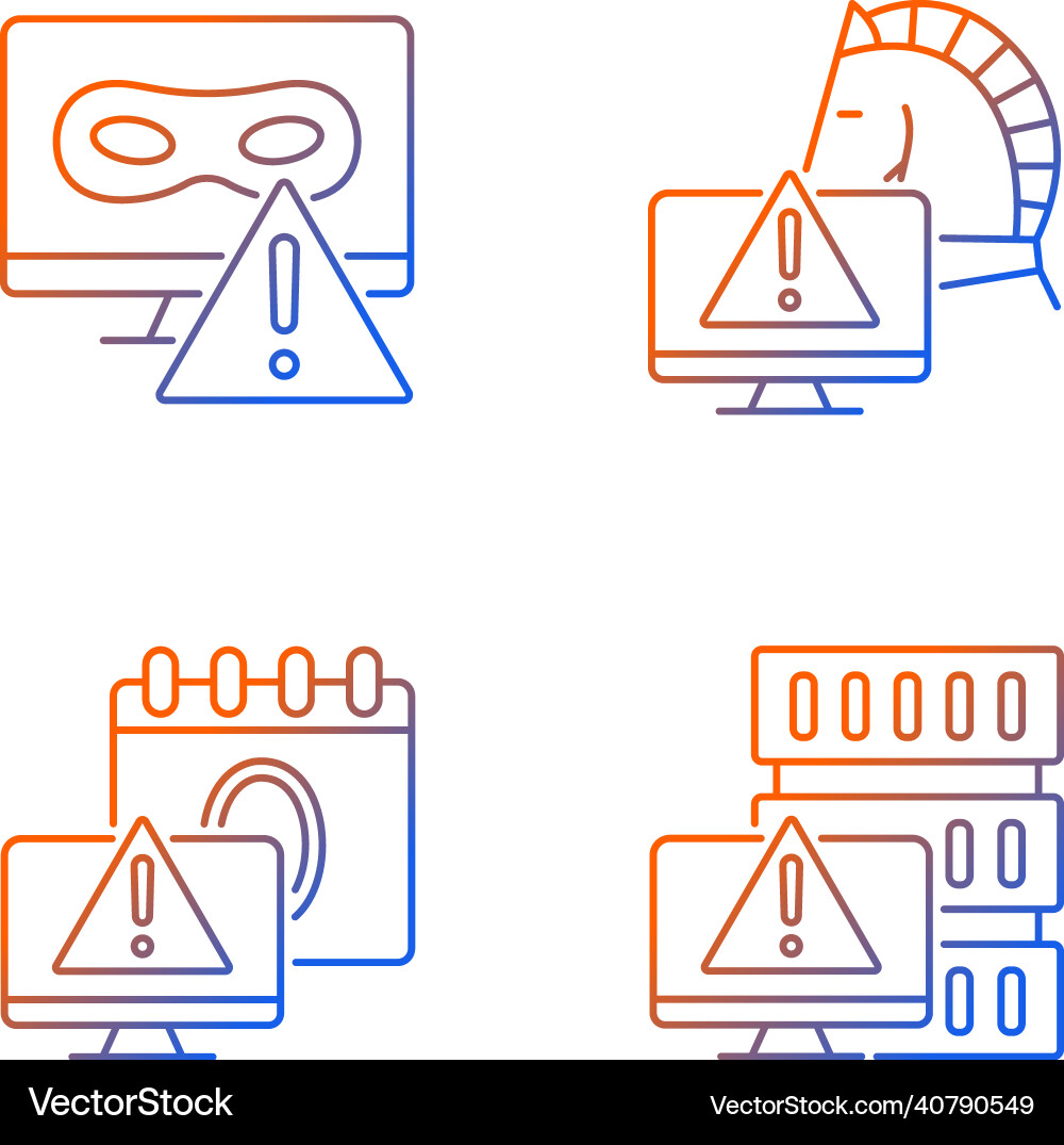 Computer system attacks gradient linear icons set Computer system attacks gradient linear icons set vector image