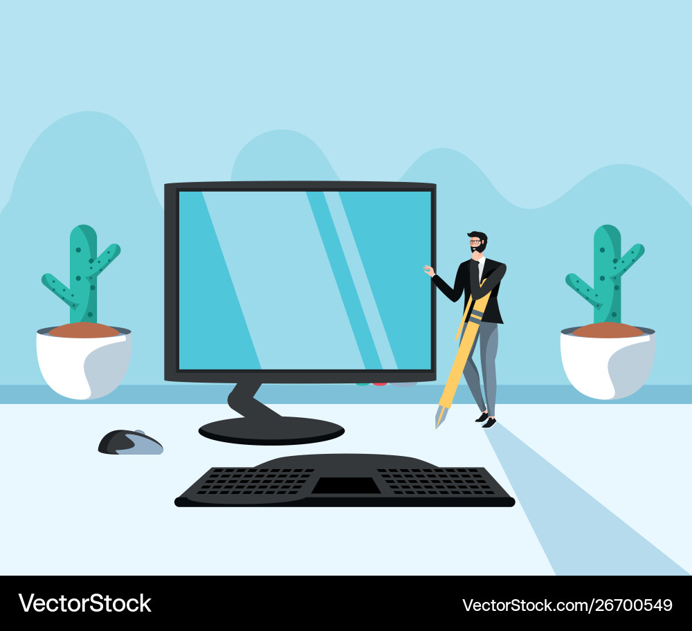 Mini businessman with desk computer Vector Image
