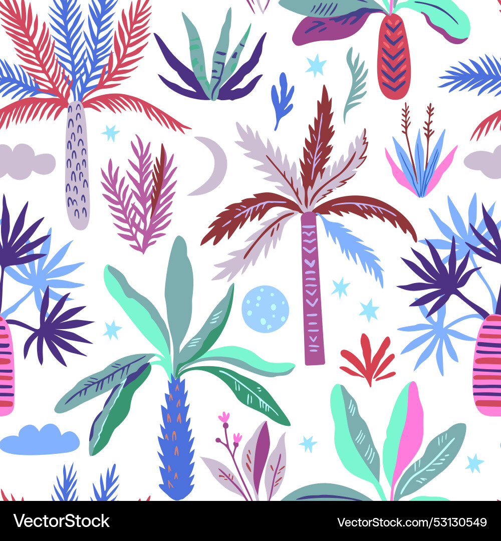 Seamless pattern with doodle palm trees moon Vector Image