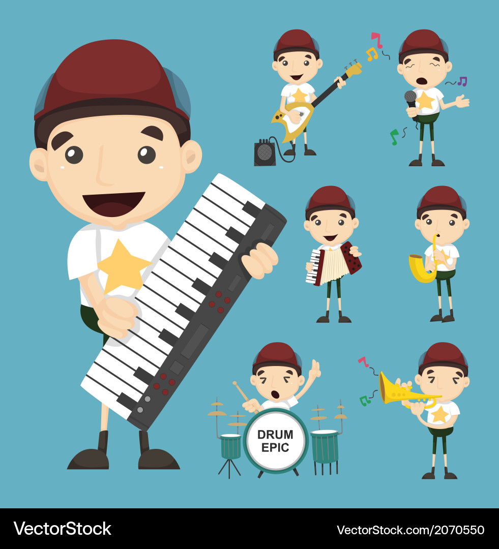 Boy Playing Musical Instruments Vector Image