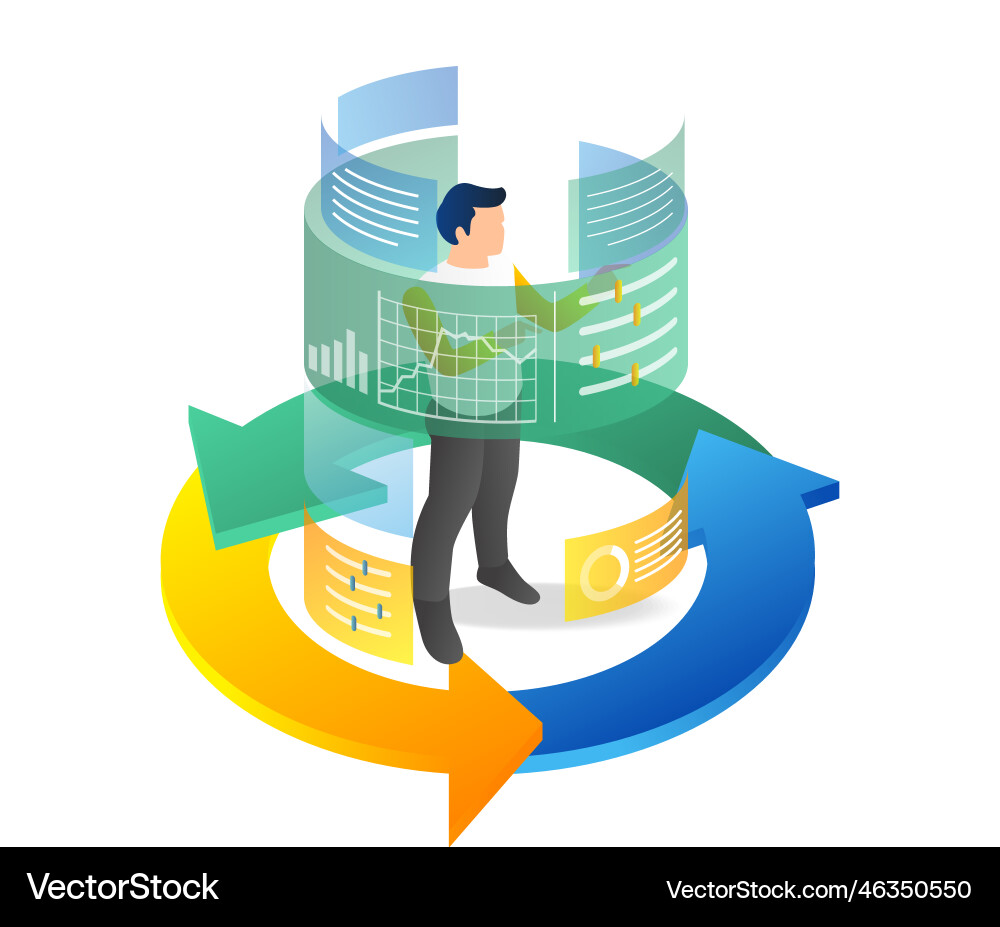Isometric flat 3d concept of man controlling data Isometric flat 3d concept of man controlling data vector image