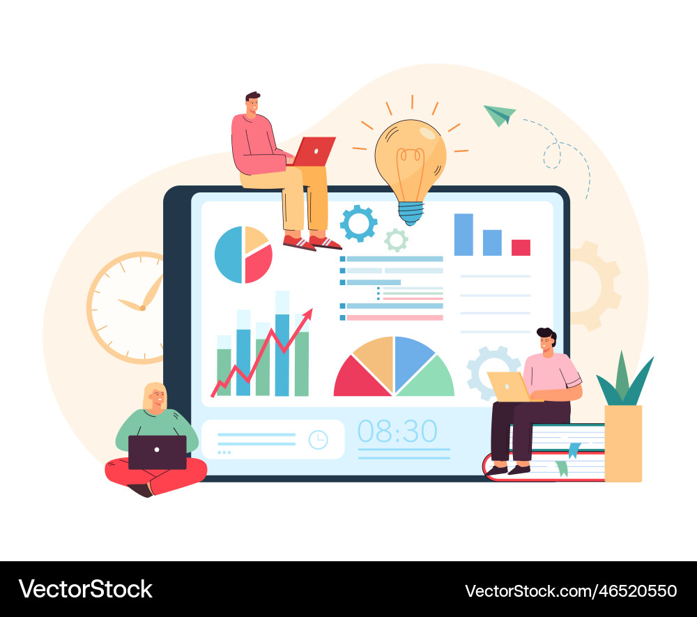 Tiny workers analyzing business data flat Tiny workers analyzing business data flat vector image