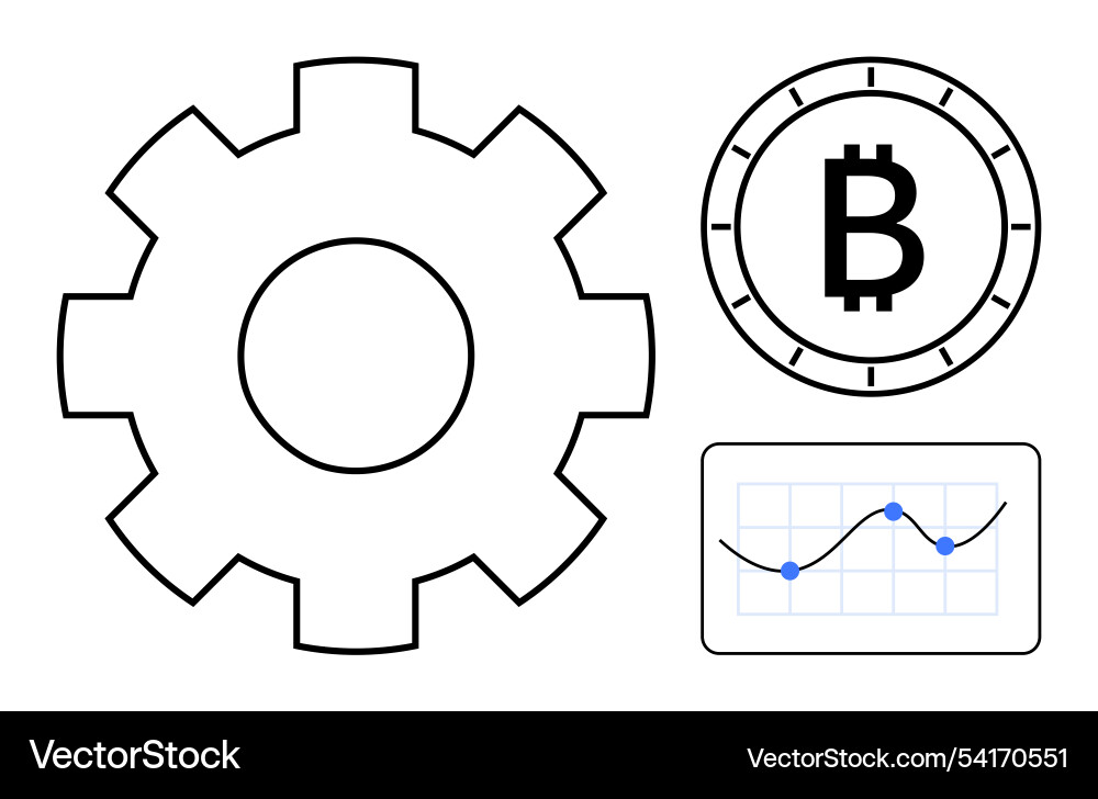 Gear bitcoin symbol and line graph representing Gear bitcoin symbol and line graph representing vector image